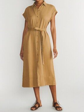 NEW Faherty Arlie Shirtdress Womens Size Medium Tan Belted Button Utility Midi